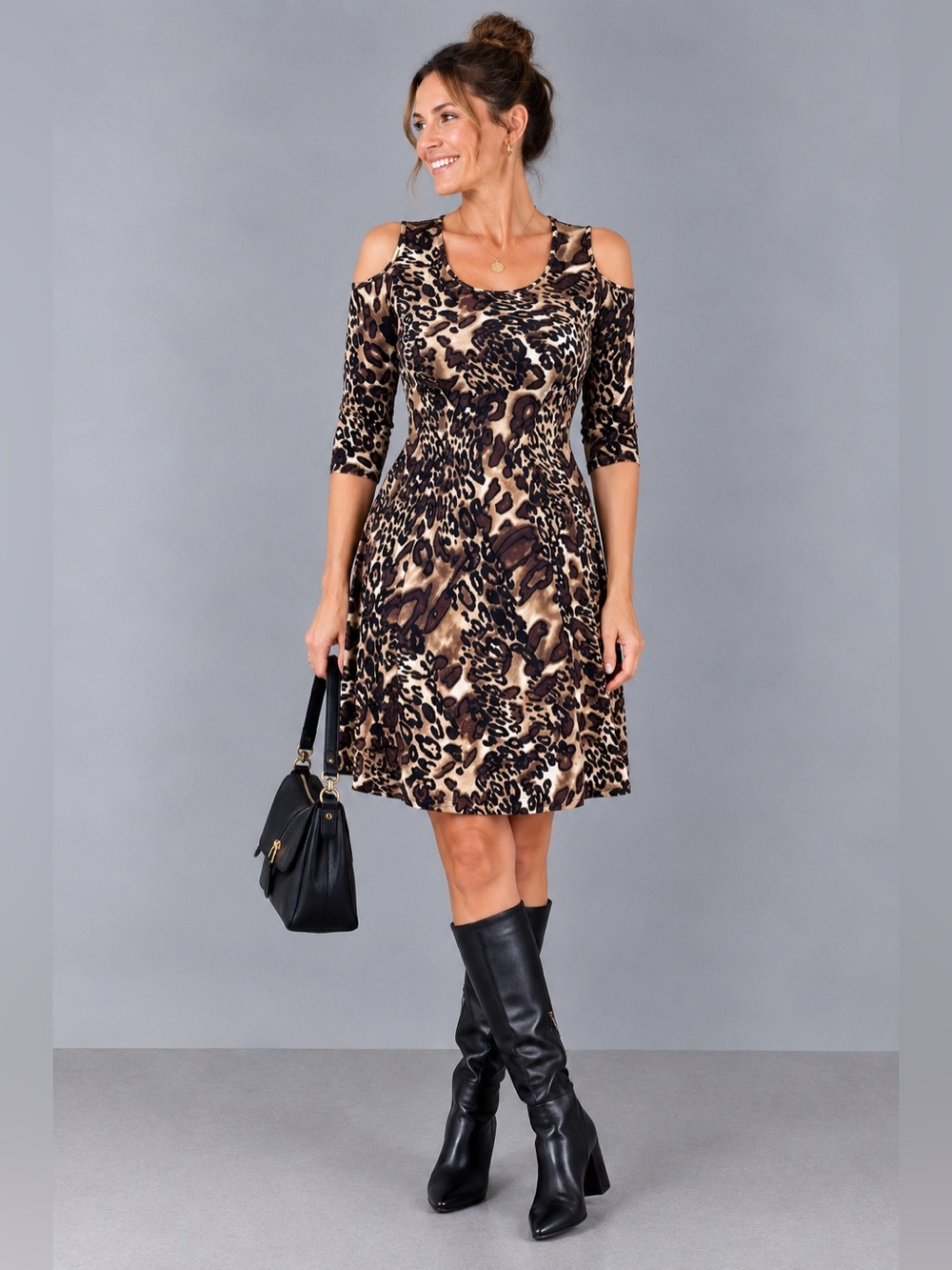 Susan Graver Cheetah Animal Print Midi dress Cold Shoulder Soft Knit Dress